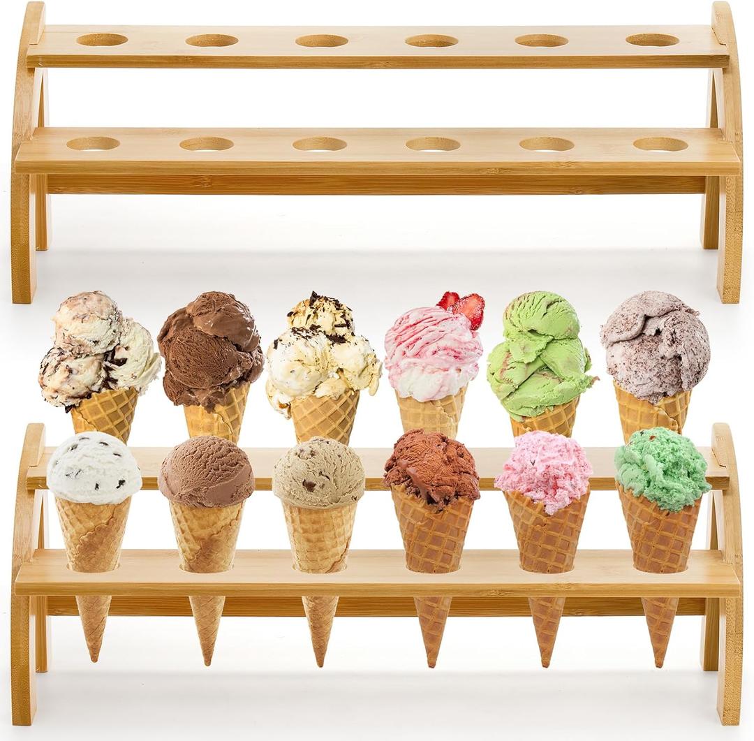 Peohud 2 Pack Bamboo Ice Cream Cone Holder, 12 Holes Waffle Cone Stand, 2 Tier Sushi Hand Roll Popcorn Display Rack for Wedding, Birthday, Buffet, Food Truck