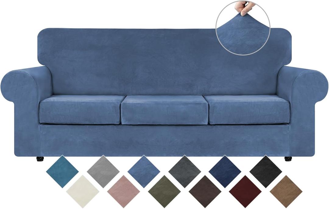 WEERRW Velvet Plush Fabric 4 Pieces Sofa Covers for 3 Cushion Couch with Elastic Bottom Straps in Light Blue (Large)