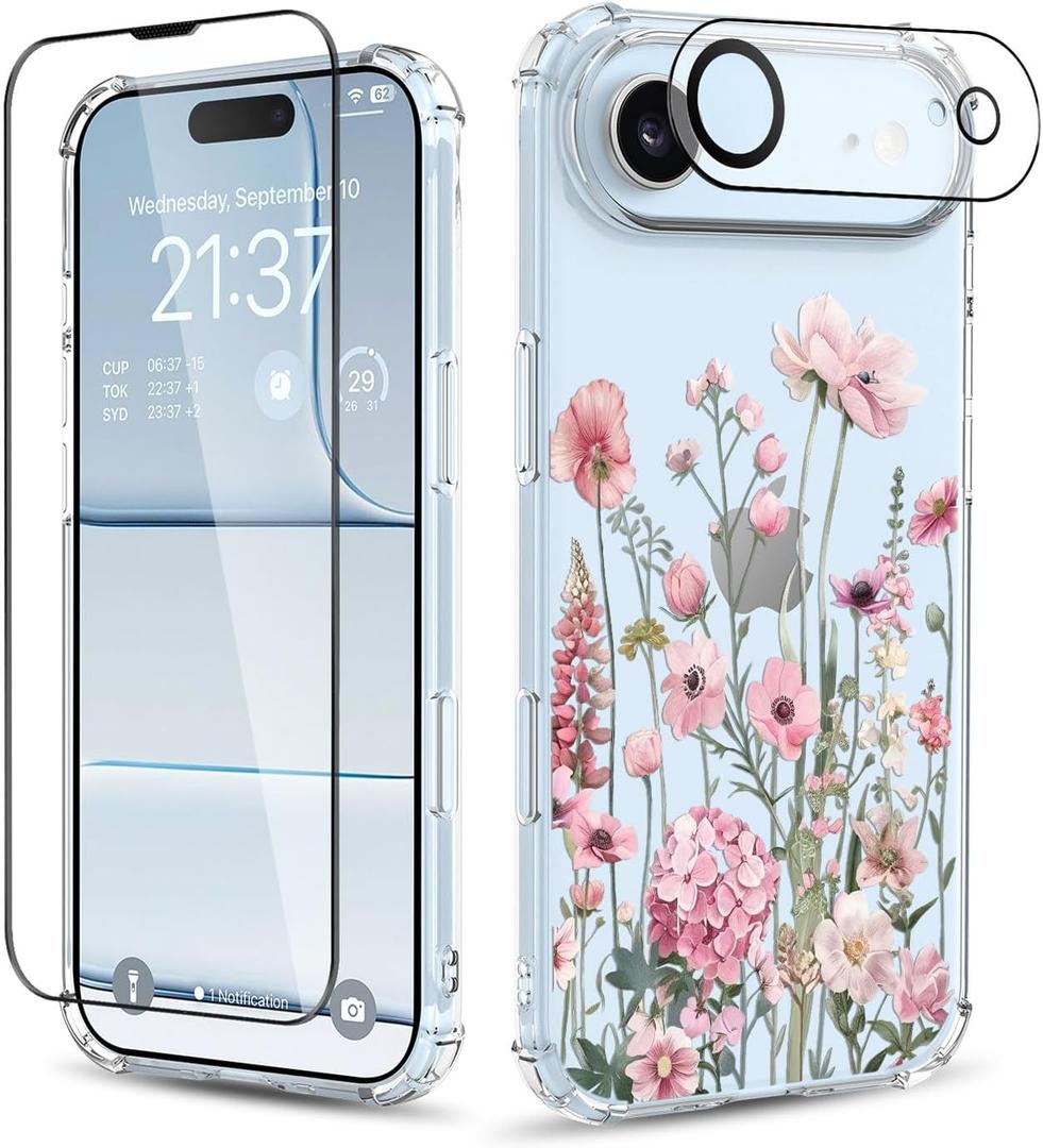 for iPhone 17 Air Case,[3 in 1] with Screen Protector & Camera Lens Protector, Flower Pattern Design,Clear Soft Shockproof Slim Floral Phone Cover for Women Girls 2025 6.5" (Mallow/Pink)