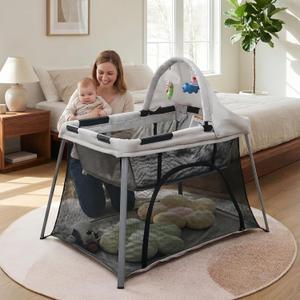 Portable Travel Crib for Baby & Toddler, Gentle Monster Lightweight 2 in 1 Baby Travel Pack and Play Bassinet with Mattress and Sunshade, Foldable Travel Crib Mini Playpen Playard for Indoor Outdoor