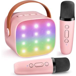 Mini Karaoke Machine Kids Microphone, Haomuren Portable Bluetooth Karaoke Speaker with 2 Wireless Microphones and LED Lights, Christmas Birthday Party Gifts for Kids & Adults (K1-Pink)