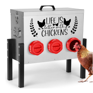 TGEYD 30 lb Chicken Feeder with 6 NoWaste Ports – HeavyDuty Outdoor Metal Feeder with Adjustable Height, Locking Lid & Riveted Handles – Rustproof Feed Box for Poultry & Backyard Chickens