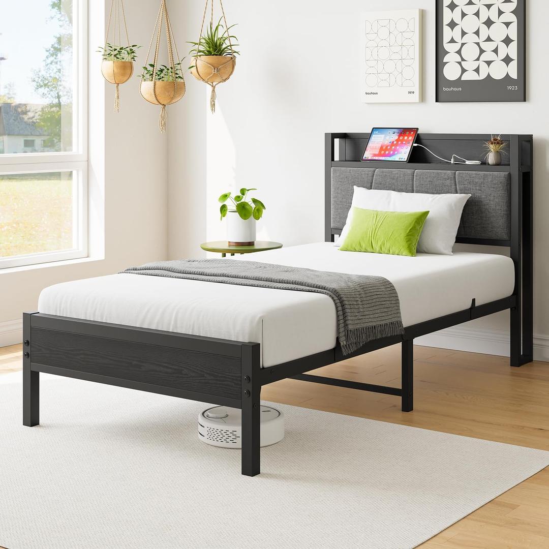 Twin Bed Frame, Metal Platform Bed with Storage Headboard/Charging Station/Underbed Storage, Noise Free, No Box Spring Needed, Easy Assembly (Black, Twin)