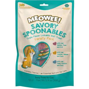 3 x MEOWEE! Savory Spoonables Variety Pack, 12 Count Tube, Triple Flavor Squeezable Lickable Wet Treats for Cats with Built-in Spoon for Less Mess (EXP 10/18/26)