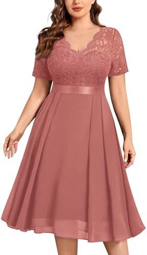 MISSMAY Women's Plus Size Lace Contrast Chiffon V Neck Flowy Cocktail Wedding Guest Midi Dress, 2XL