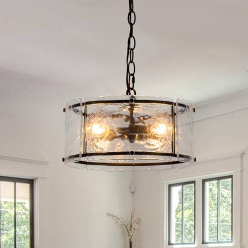 Kunlinzhu 11.8" Black Hanging Pendant Light Fixtures,3 Light Small Drum Glass Dining Room Light Fixtures Over Table with Chain,Chandelier for Foyer,Kitchen Island,Dining Room,Bedroom,Breakfast Nook
