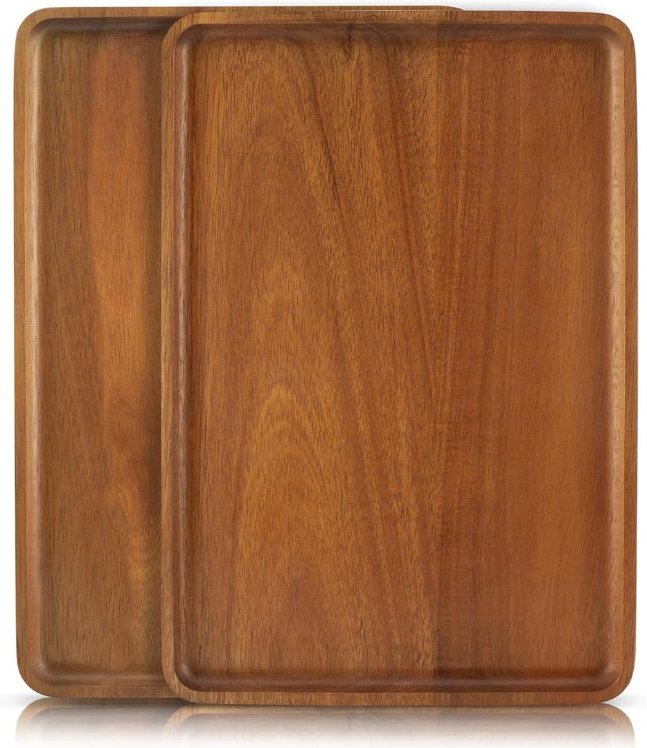 2 PCS 13 x 9 in Solid Acacia Wood Serving Trays Rectangular Wooden Serving Platters Natural Wooden Boards for Bar Coffee Party (Brown)