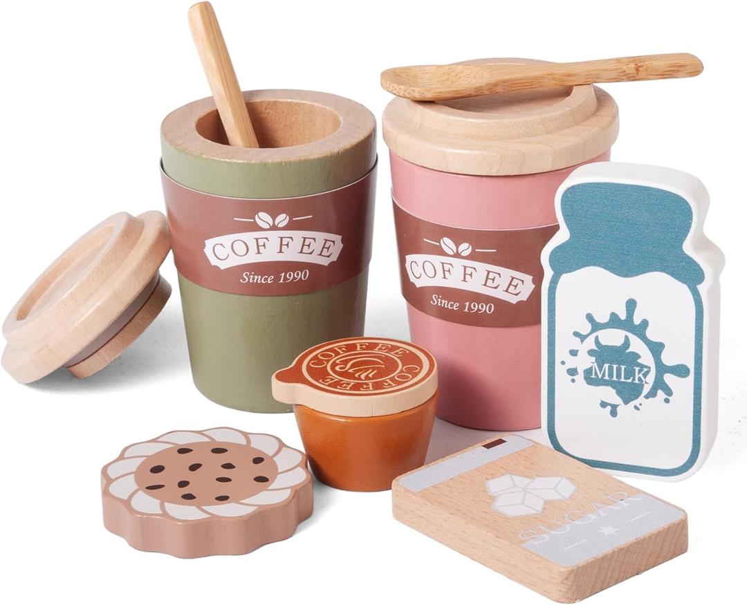 Kids Coffee Playset, Wooden Montessori Toy Play Kitchen Accessories with Coffee Cups, Espresso & Milk, Toddler Pretend Play Coffee Toy Kitchen Set Boys and Girls Birthday Gift