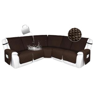 HDCAXKJ 100% Waterproof Reclining Sectional Couch Covers L Shape Recliner Sofa Cover Washable Quilted Soft Pet Dog Corner Recliner Slipcovers with Pockets (5 Seat Recliner Couch, Dark Brown)