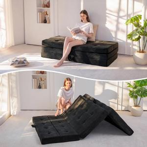 MAXYOYO Foldable Sofa Couch Bed, 4 Inch Tufted Folding Couch, Portable Floor Couch with Handles Guest Bed Topper Portable Camping Mat with Corded Fabric, Twin Size, Black