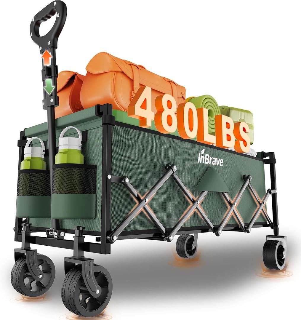 Extra Long Collapsible Wagon Cart, 480LBS Heavy Duty Utility Wagons with All-Terrain Wheels, Foldable Grocery Carts for Gardening, Shopping, Beach, Camping, Blue (Green)