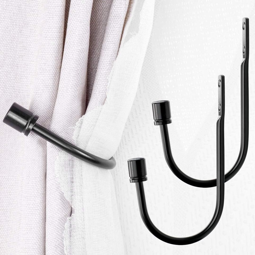 2 x Metal Curtain Holdbacks Decorative U Shaped Hooks Wall Mounted, Modern Design Curtain Tie Back Hooks, Black, 2pcs