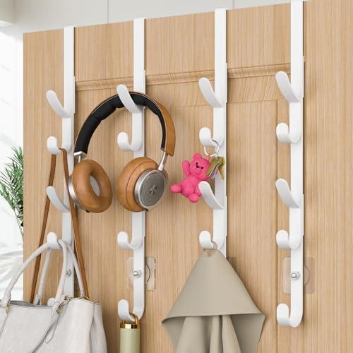 Over The Door Hooks, Metal Door Hooks for Hanging, Over The Door Purse Organizer for Coat Hanger, Back of Shower Door for Hanging Towel Rack Clothes, Hat, Bathroom, Closet (White-2Packs)