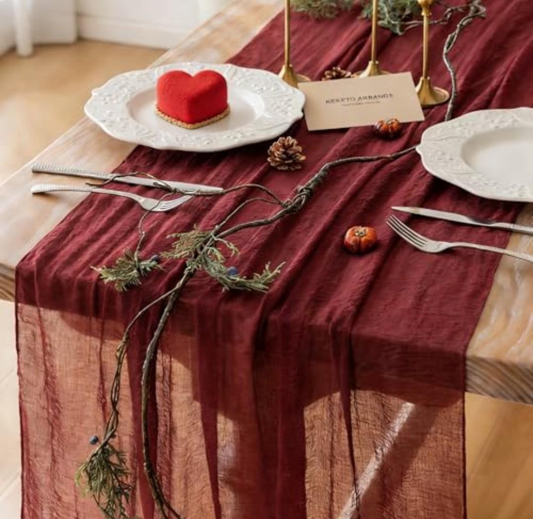 Keketoarrange Burgundy Table Runner Valentines Decor Red Cheesecloth Gauze 120 Inch 10 FT Rustic Boho Cheese Cloth Runner for Wedding Baby Bridal Shower Party Long Sheer Spring Home Decorations
