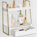 VOOTTOU 2-Tier Bathroom Counter Organizer with Drawer, Wood Bathroom Organizers and Storage for Counter Organizer, Makeup Tray for Vanity Shelf, Sink Storage for Bathroom Decor (gold+white)