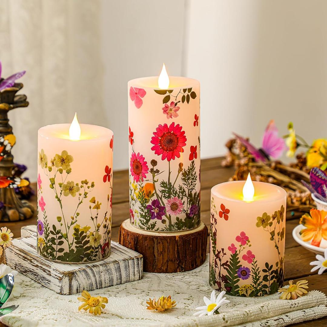 Baquler 3Pcs Flower Pillar Candles Mother's Day Home Decor Flameless Candle LED Battery Operated Flickering Candlestick for Birthday Wedding Dinner Table Centerpiece Garden Tea Party Decoration Gift