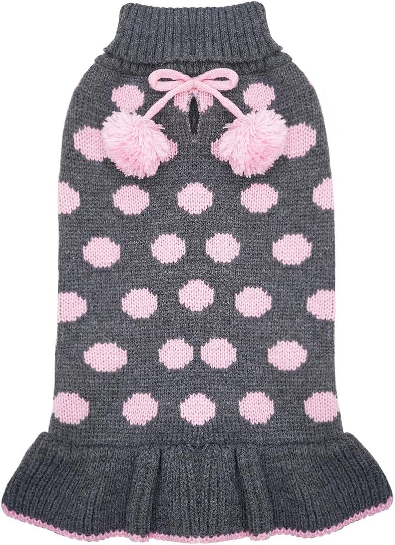 KYEESE Dog Sweater Dress Polka Dot Dog Sweater for Girl with Leash Hole Knit Warm Dogs Clothes with Pom Pom Ball for Fall Winter (Small (3-6lbs), 02# Polkadot (Grey))