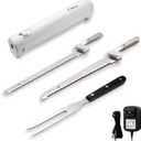 Cushore Professional Cordless Rechargeable Easy-Slice Electric Knife with 4 Reciprocating Serrated Stainless Steel Blades, Carving Meats, Poultry, Bread, Serving Fork Included, White