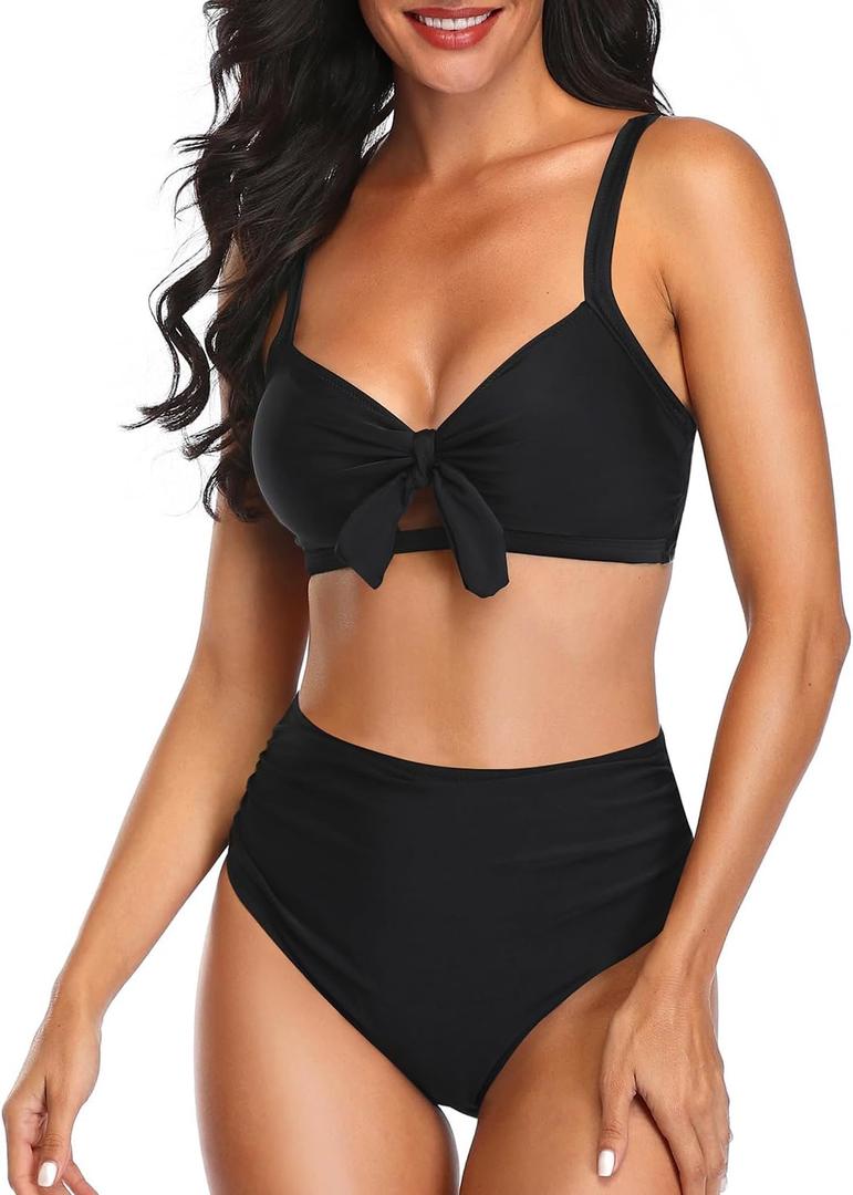 Tempt Me Two Piece Swimsuits - High Waisted Bikini Tummy Control Full Coverage Bathing Suits Ruched Tie Knot Swimwear (Black, XXL)
