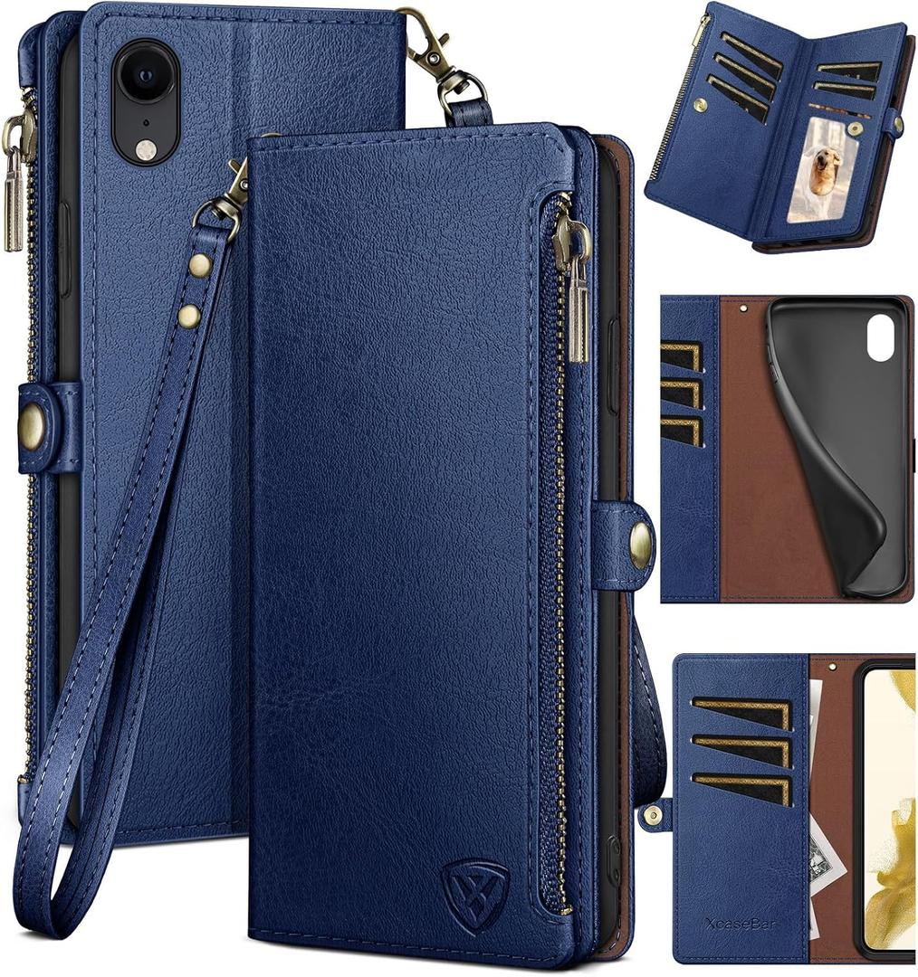 XcaseBar for iPhone XR 6.1" Wallet case with RFID Blocking Zipper Credit Card Holder, Flip Folio Book PU Leather Phone case Shockproof Cover Women Men for Apple XR case Blue
