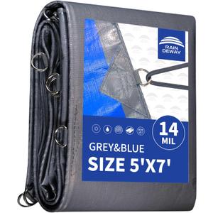 RAINDEWAY Tarps Heavy Duty Waterproof 5x7 Feet -14 Mils Super Heavy Duty Tarp with Metal Rings and Reinforced Corners and Edges, UV Resistant, Multipurpose Poly Tarp,Blue/Gray tarp