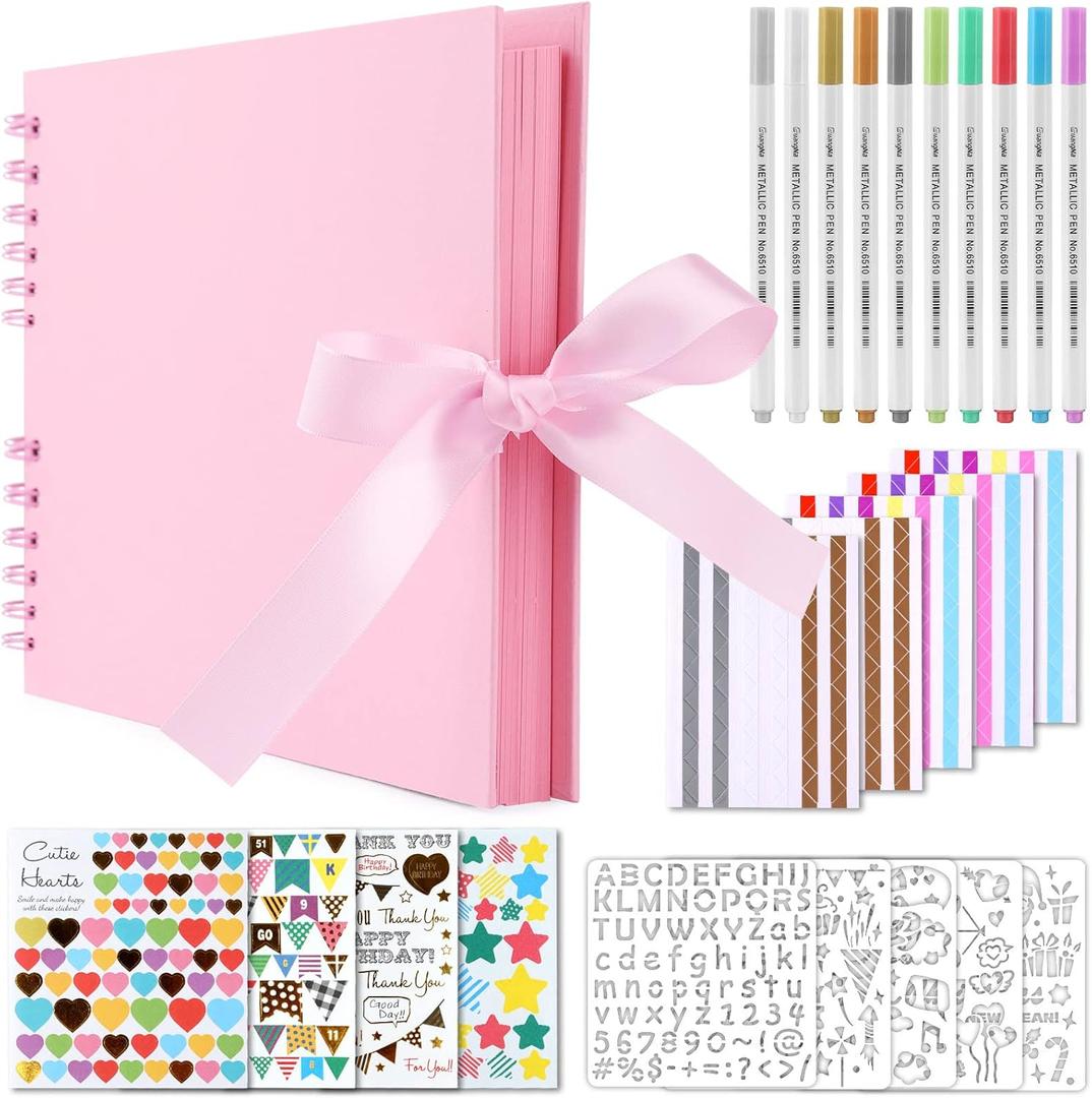 Gotideal 80 Pages Scrapbook Album with 10 Metallic Markers, Craft Paper Photo Album for Wedding and Anniversary, Family DIY Scrapbook Accessories with Scrapbooking Stickers Corners(Pink) (11.5*8.5 Inches 80Pages)