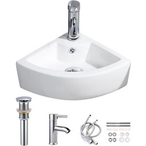 Small Bathroom Sink Wall Mounted Basin Triangle Corner Mini Sink with Chrome Faucet & Waste Drain Kit-12.8 x 12.8 x 5.1inch/325 x 325 x 130mm