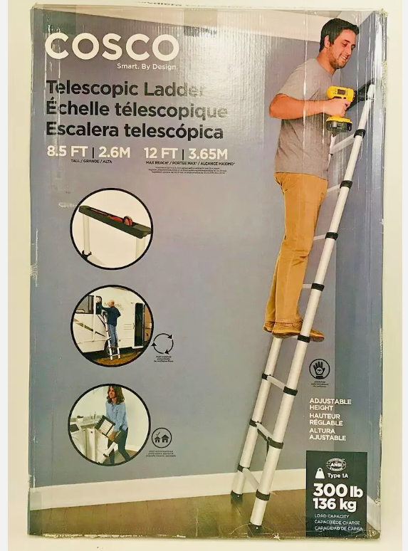 Cosco 8.5' Adjustable Height Telescopic Ladder ANSI Type 1A 300lbs Load Capacity