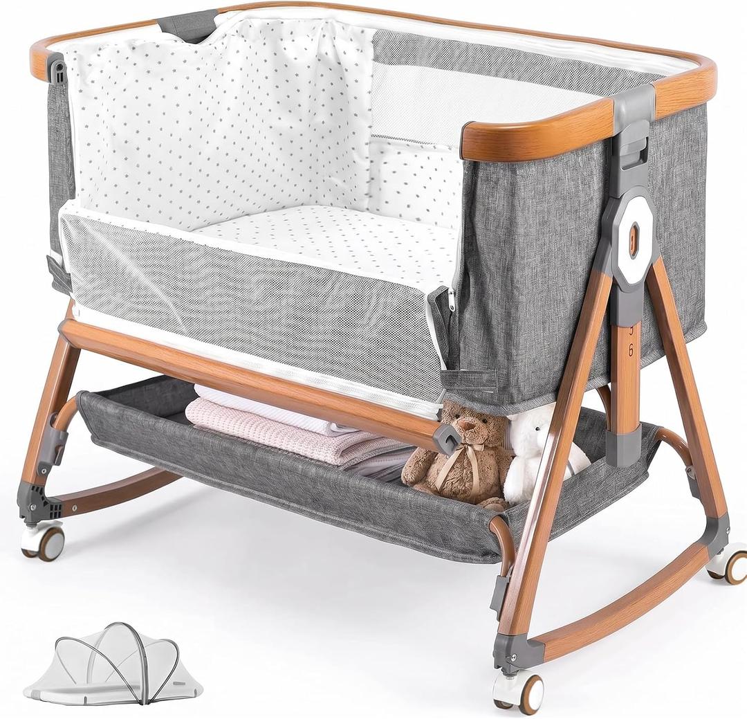 Baby Bassinet Bedside Bassinet, 3 in 1 Rocking Crib, Grey