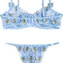 WDIRARA Women's 2 Piece Floral Embroidery Underwire Lingerie Set Mesh Bra and Panty Set Light Blue S
