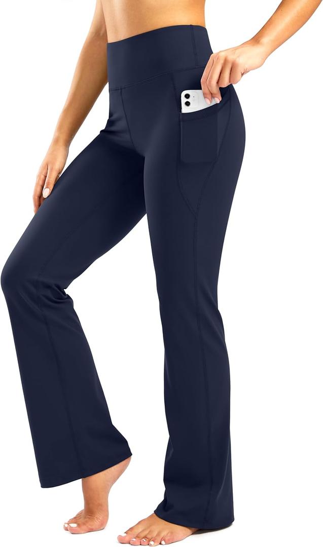 Inseam Women's Bootcut Yoga Pants Long Bootleg High-Waisted Flare Pants with Pockets, Medium/32" Inseam, Navy