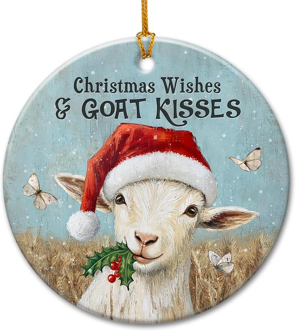 2 x Goat Christmas Ornament 2025 - Funny Goat Gifts for Goat Lovers, Women, Men, Farm Animal Ornaments for Family, Friends, Farmers - Rustic Ceramic Hanging Holiday Decorations