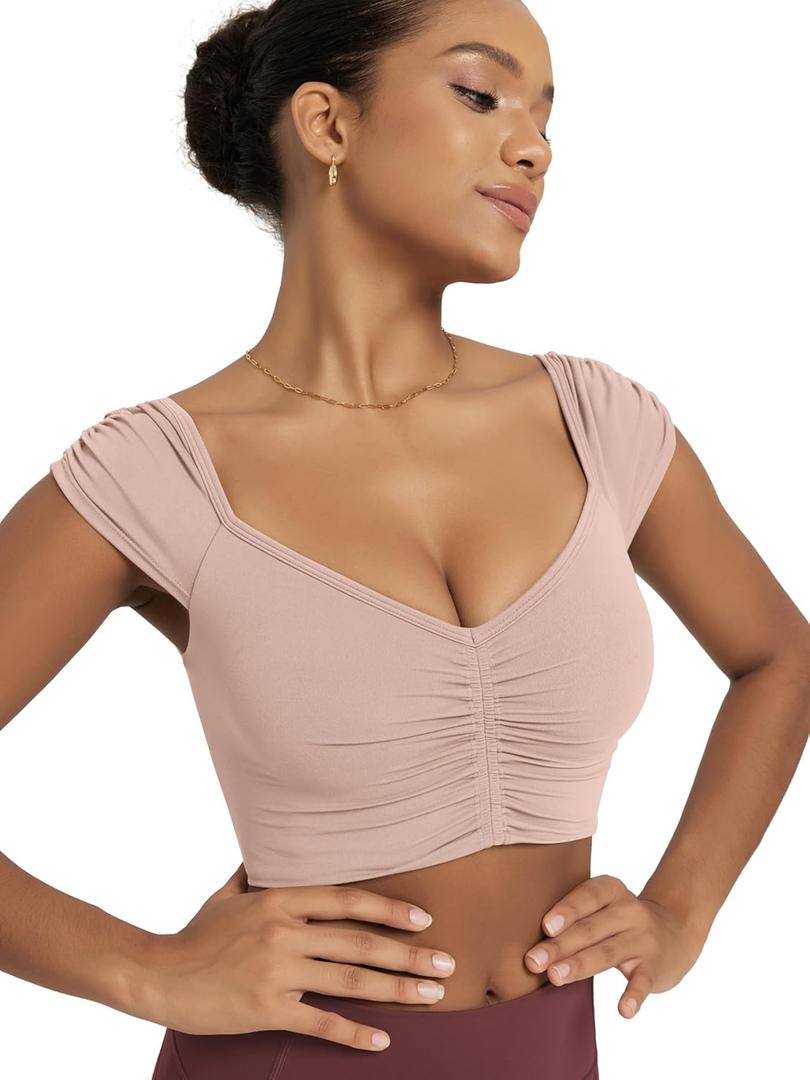ODODOS Ruched Front Crop Tank for Women V-Neck Cut Out Back Cap Sleeve Cropped Tops, Dusty  (Pink, XL)