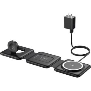 Magnetic Wireless Charger for iPhone: Fodable 3 in 1 Charging Station for Multiple Apple Devices - Travel Charging Pad Dock for Apple Watch iPhone 16 15 14 13 12 Pro Max Plus & Airpod