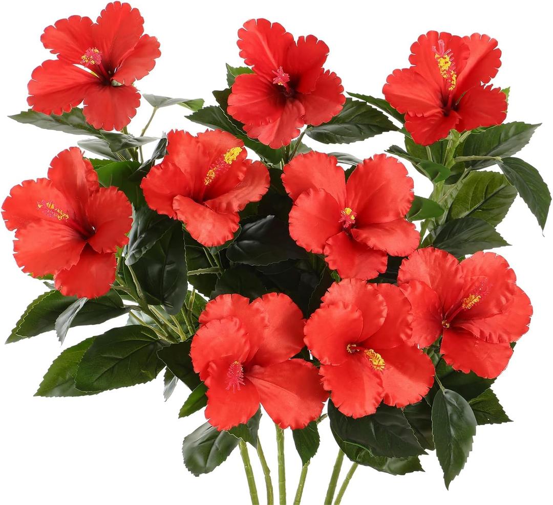 Hotop 3 Pack Artificial Hibiscus Plants 3313 in Realistic Silk & Plastic Tropical Bouquets, Lifelike Blooms with Bendable Stem for Home Living Room Wedding Restaurant Patio Event Decor (Red)