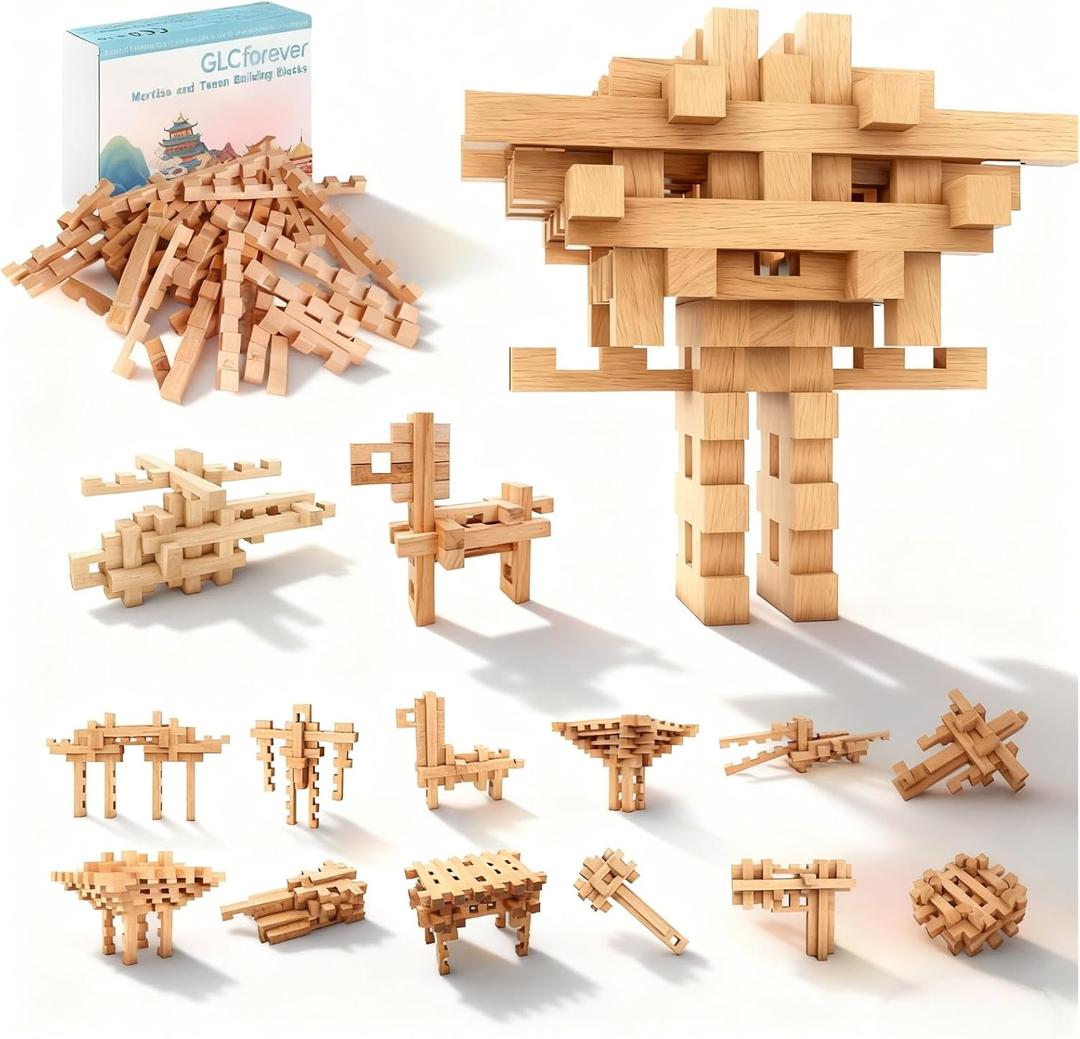 15 in 1 STEM Wooden Building Blocks -15+ Shapes, 3D Puzzle, Brain Games, Educational Toys Gift for Kids and Classroom, Montessori STEM Toys for Ages 5+ to Adults