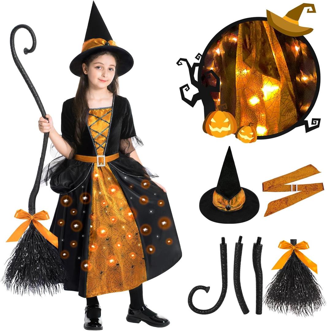 Witch Halloween Costumes for Girls, Light Up Dress with Broom and Hat, Kids Costume Glow in the Dark for Halloween Party (Medium, Orange)