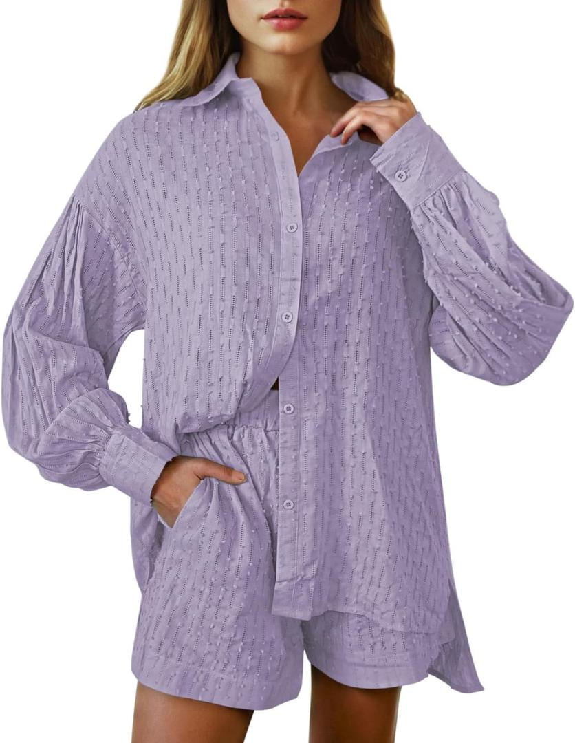 Women's 2 Piece Outfits Oversized Long Puff Sleeve Blouse Shirt High Waisted Side Pocket Shorts Set (Purple)