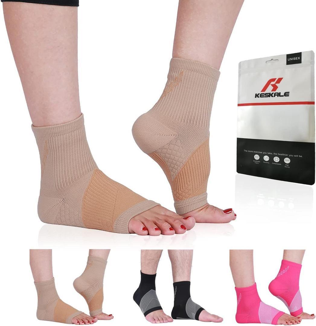 Compression Socks for Women & Men Open Toe (3 Pairs), Ankle Brace Compression Sleeve with Neuropathy, Foot Compression sleeve for Swelling, Pain & Plantar Fasciitis Relief (Beige, M)
