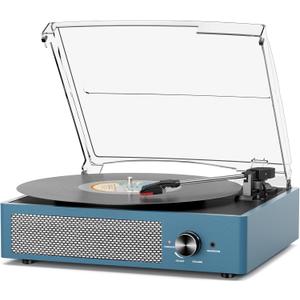 Vinyl Record Player with 2 Stereo Speakers Belt-Driven Vintage Turntables 3 Speed 3 Size Wireless Bluetooth Playback AUX-in RCA Out Headphone LP Vinyl Players Auto Stop Frosted Blue