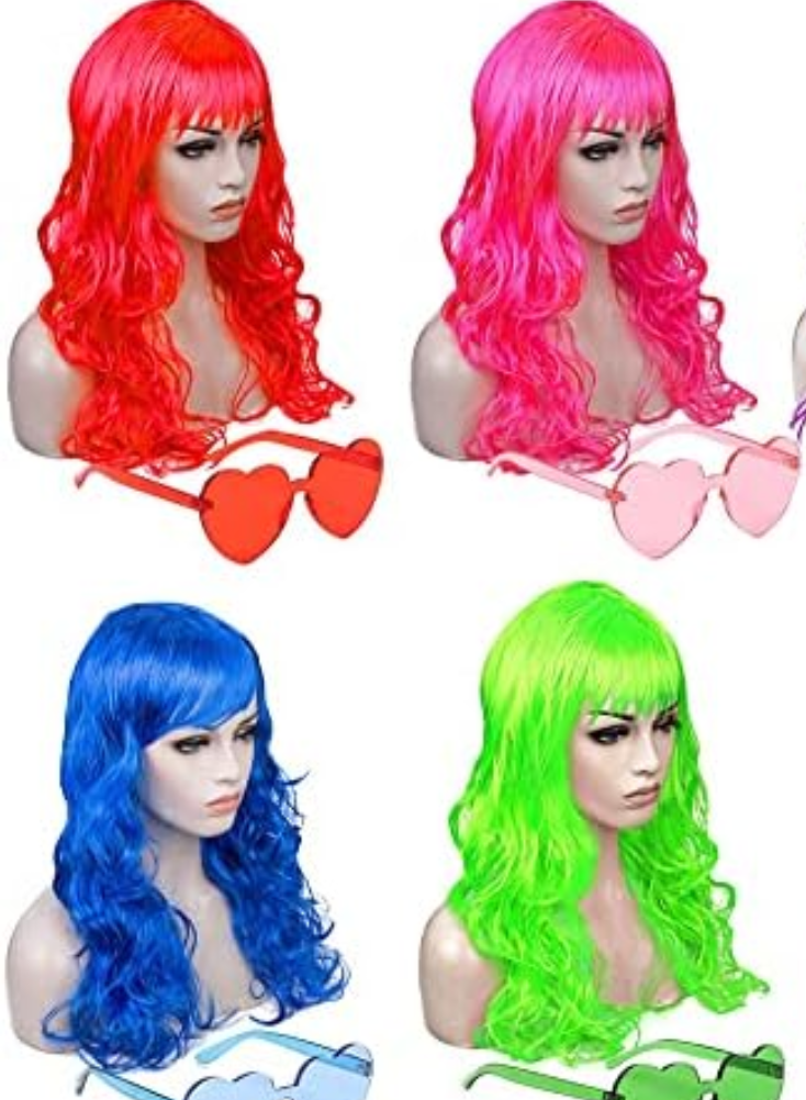 DIYI Long Colorful Wigs 6 Pack Wavy Party Wigs Curly Color Wigs for Women Bachelorette Party Decorations Supplies Favors – Extra 5 Pack Neon Party Glasses Add (Blue, White, Green, Red, , Pink)