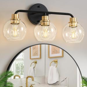 3 Light Bathroom Vanity Light, Black and Gold Bathroom Light Fixtures with Clear Glass Shade Modern Wall Sconces Lighting Bath Wall Lights Lamp for Mirror Kitchen Living Room Bedroom Hallway Cabinet