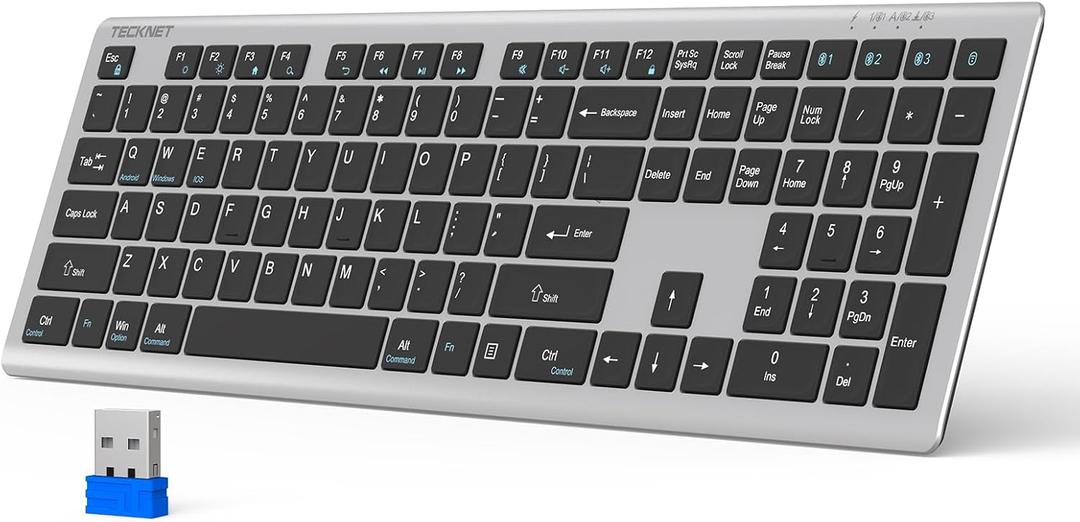 TECKNET Bluetooth Keyboard Rechargeable, 4-Device Free Switching (2.4G+BT), Ultra-Slim Full Size Wireless Keyboard, Quiet Typing, for PC/Laptop/Smart TV/Phone, Adjustable Stand, 12 Multimedia Keys (Silver&Grey)
