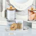 3 Pcs Cotton Swab Ball Pad Holder, 10 Oz Clear Holder Dispenser Containers for Bathroom Organizers and Storage with Bamboo Lids and Tray