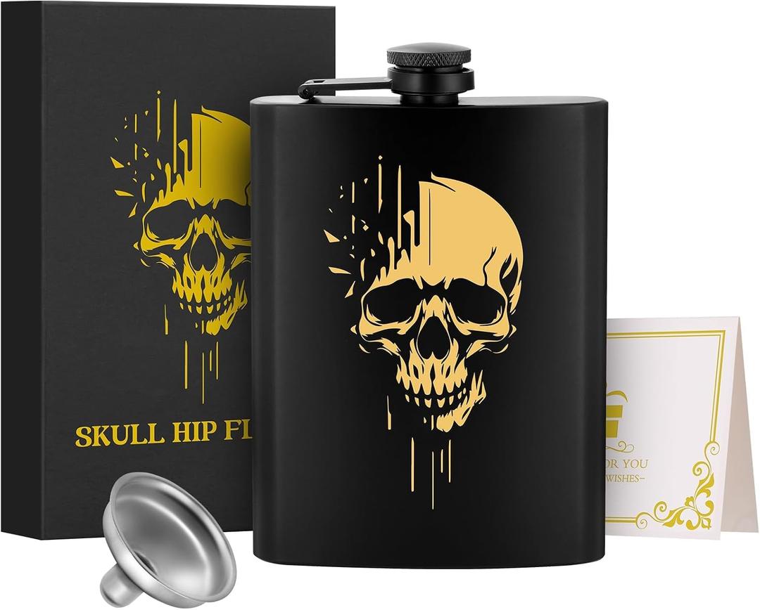 1pcs 8oz Stainless Steel Hip Flask, Pocket Flask, with Funnel and Greeting Card Gift Box, Golden Skull Pattern Personalised Flask Alcohol, Perfect for Camping, Hiking, and Outdoor Activities, Gold