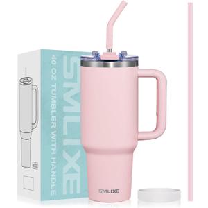 40 oz Tumbler with Handle and Straw Lid,Insulated Reusable Stainless Steel Water Bottle Travel Mug,Cupholder Friendly Double Wall Vacuum Sealed Cup (Pink)