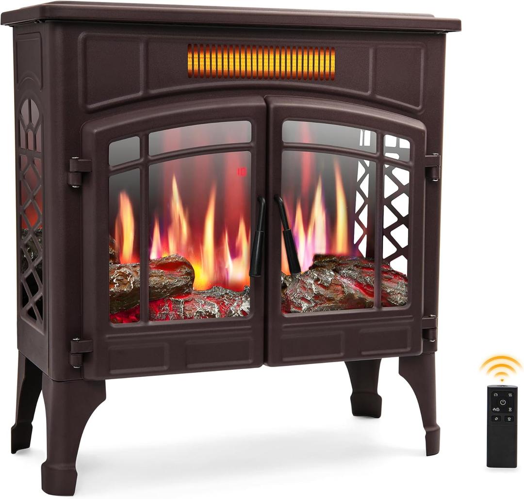RealSmart Electric Fireplace Heater, Freestanding Stove Heater with 3D Realistic Flame Effect, Fireplace Stove Overheat Safety Protection for Indoor Use Bedroom,750W 1500W Retro Brown