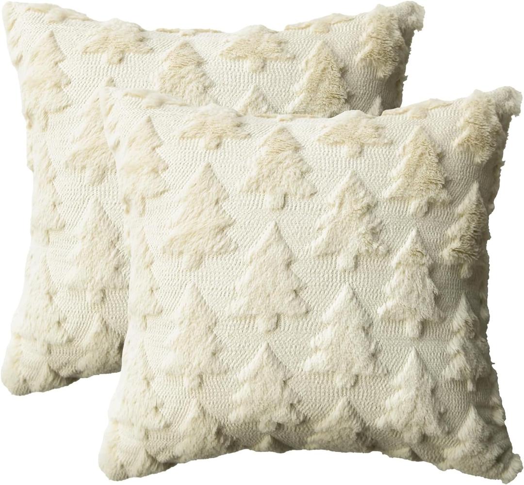 AVOIN colorlife Christmas Tree Beige Throw Pillow Covers Set of 2, 16 x 16 Inch Soft Plush Faux Fur Jacquard Festivals Winter Cushion Case Decoration for Sofa Couch