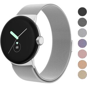 Amzpas Metal Band Compatible with Google Pixel Watch Bands for Women Men, Stainless Steel Mesh Loop Adjustable Wristband Replacement Strap for Google Pixel Watch 1/2 / 3 41mm Band (Silver)