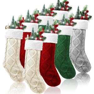 Shinymoon 8 Pack Christmas Stockings 18 Inches Large Knitted Stocking Double Sided Fireplace Hanging Stockings Holiday Party Decorations Xmas Tree, Green, Ivory, Gray, Red